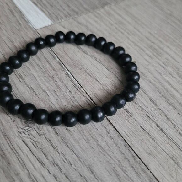 Black round‎ beaded bracelet stretchy elastic - Picture 5 of 5